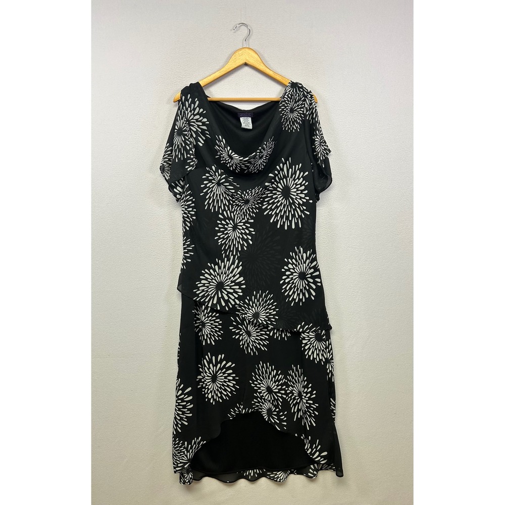 Floral Sunburst Metaphor Womens 18 Black White Cowl Neck Layered Midi Dress